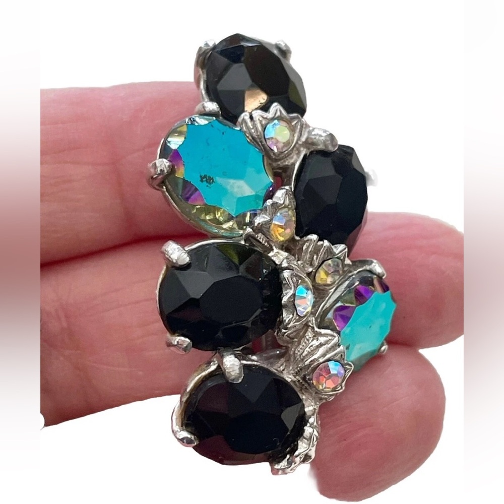 Schiaparelli Bracelet + Earrings Set Aurora Borealis AB Black Rhinestones VTG - Picture 10 of 15